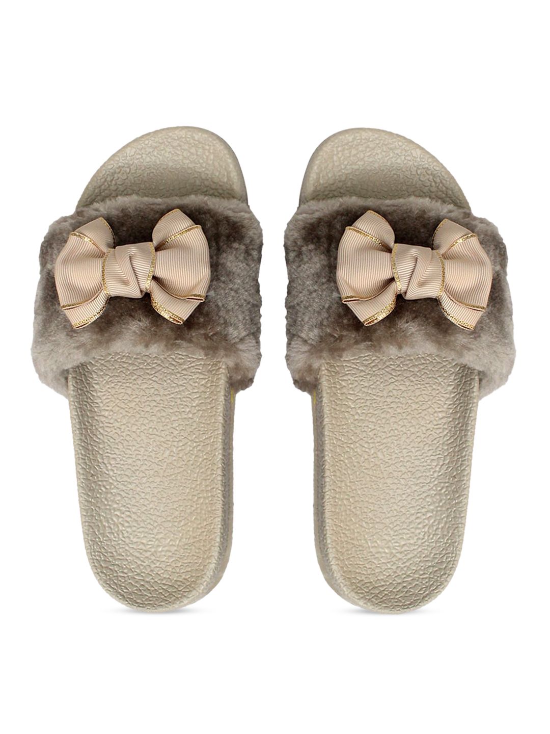 FREECO Women Grey & Cream-Coloured Embellished Sliders Price in India