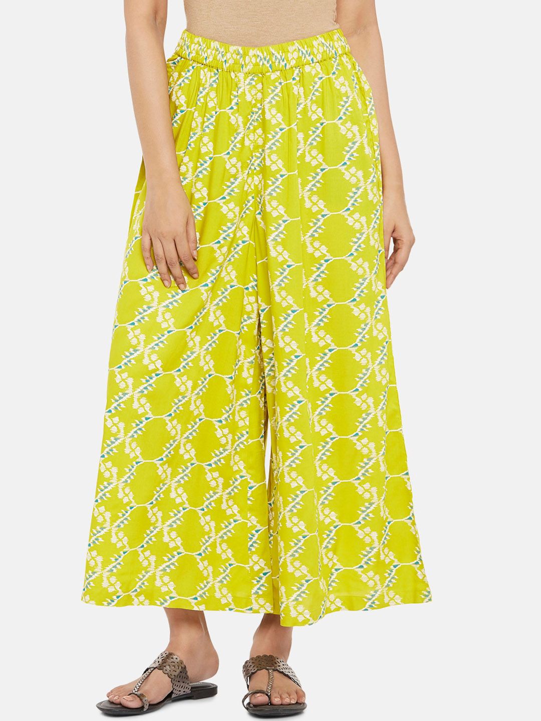 RANGMANCH BY PANTALOONS Women Lime Green & White Printed Wide Leg Palazzos Price in India