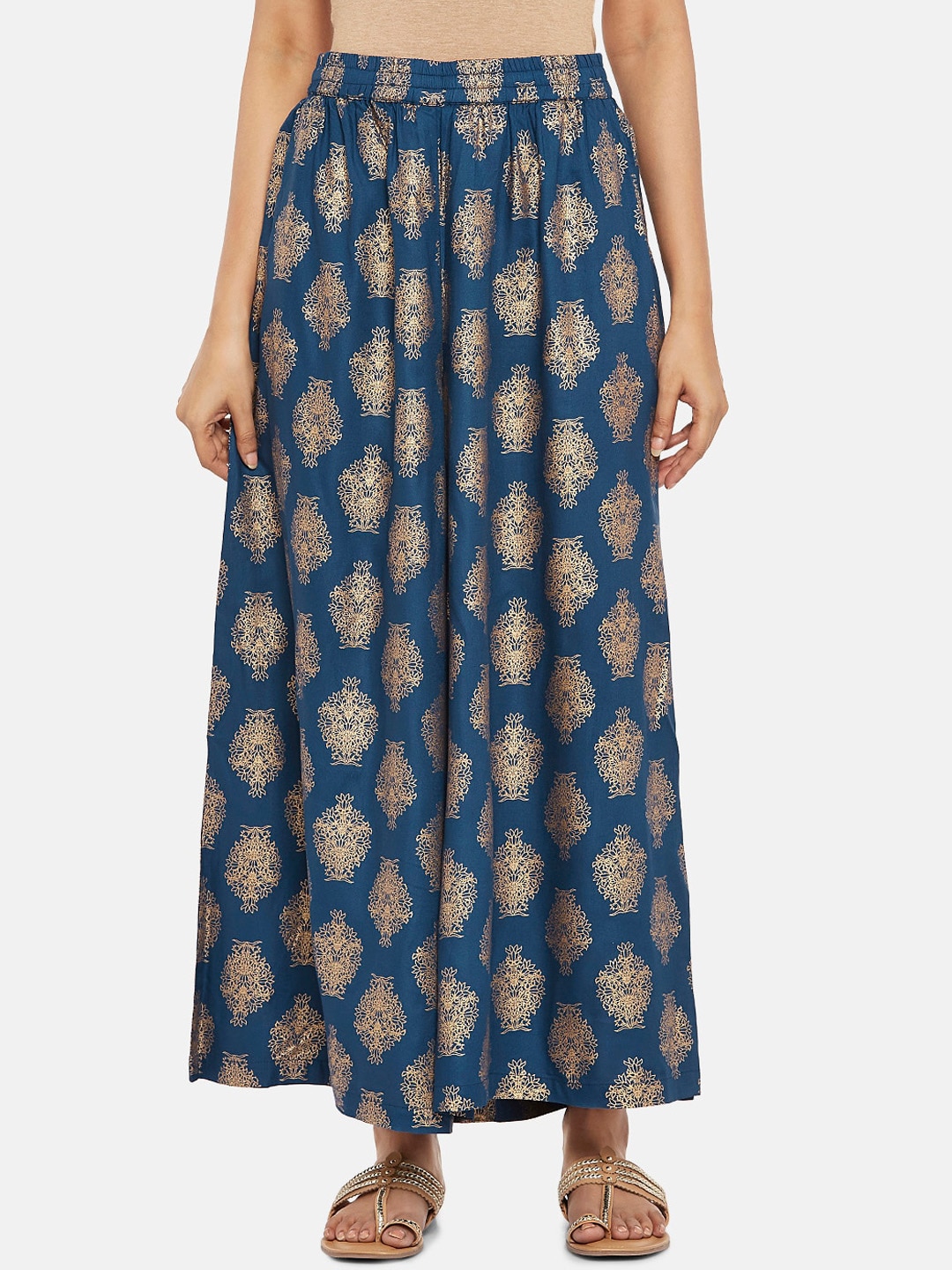 RANGMANCH BY PANTALOONS Women Blue & Gold-Toned Printed Straight Palazzos Price in India