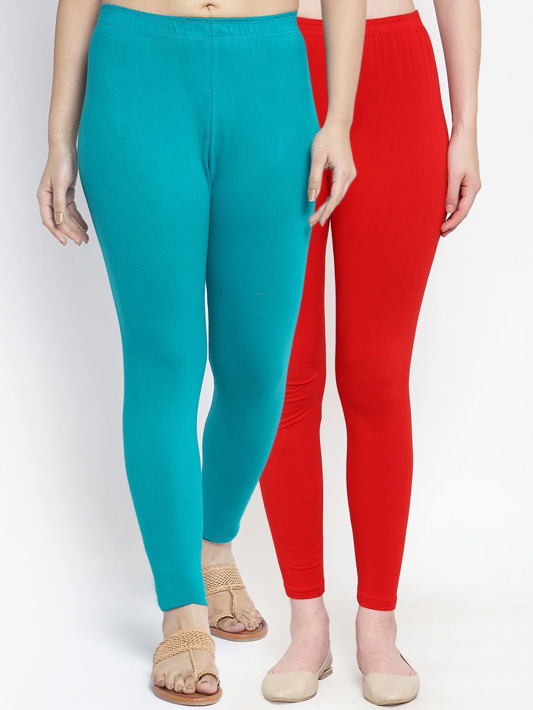GRACIT Women Pack of 2 Red & Blue Solid Ankle-Length Leggings Price in India