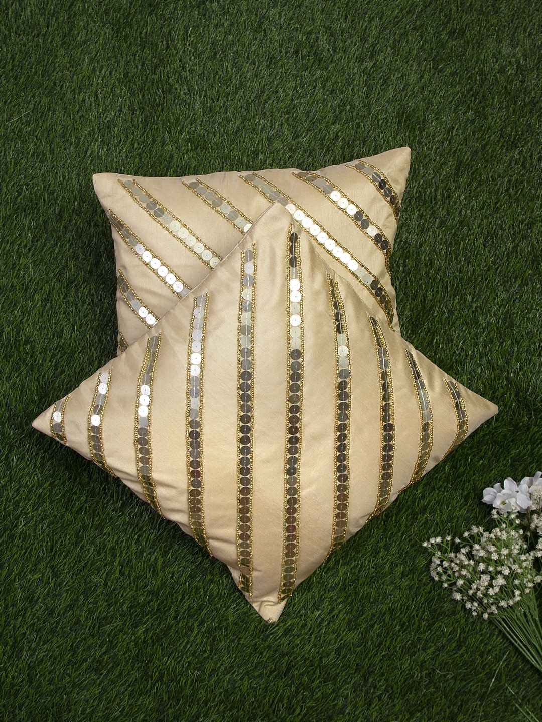 Alina decor Beige & Gold-Toned Set of 2 Striped Square Cushion Covers Price in India