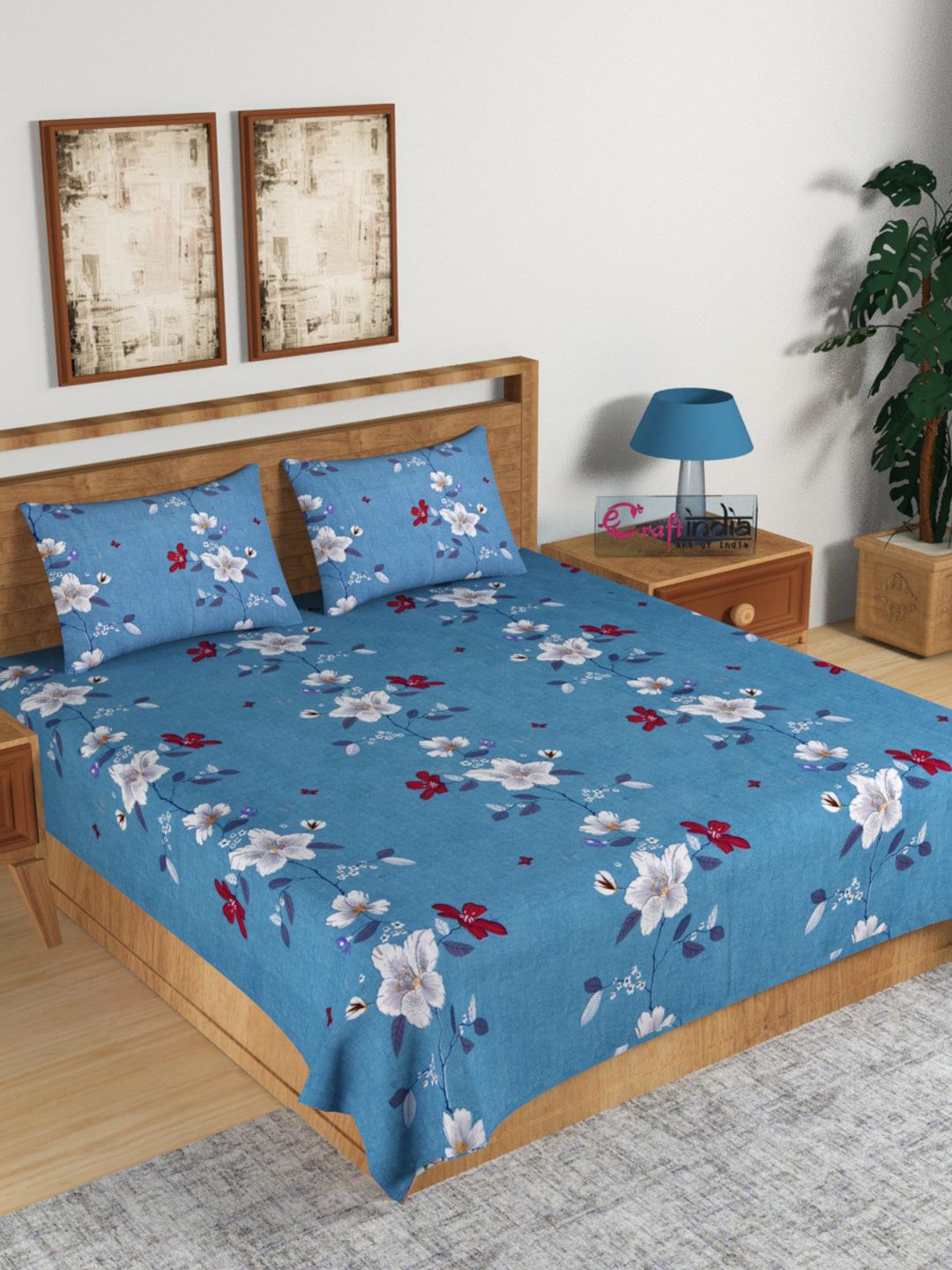 eCraftIndia Blue Floral 140 TC Cotton 1 King Bedsheet with 2 Pillow Covers Price in India