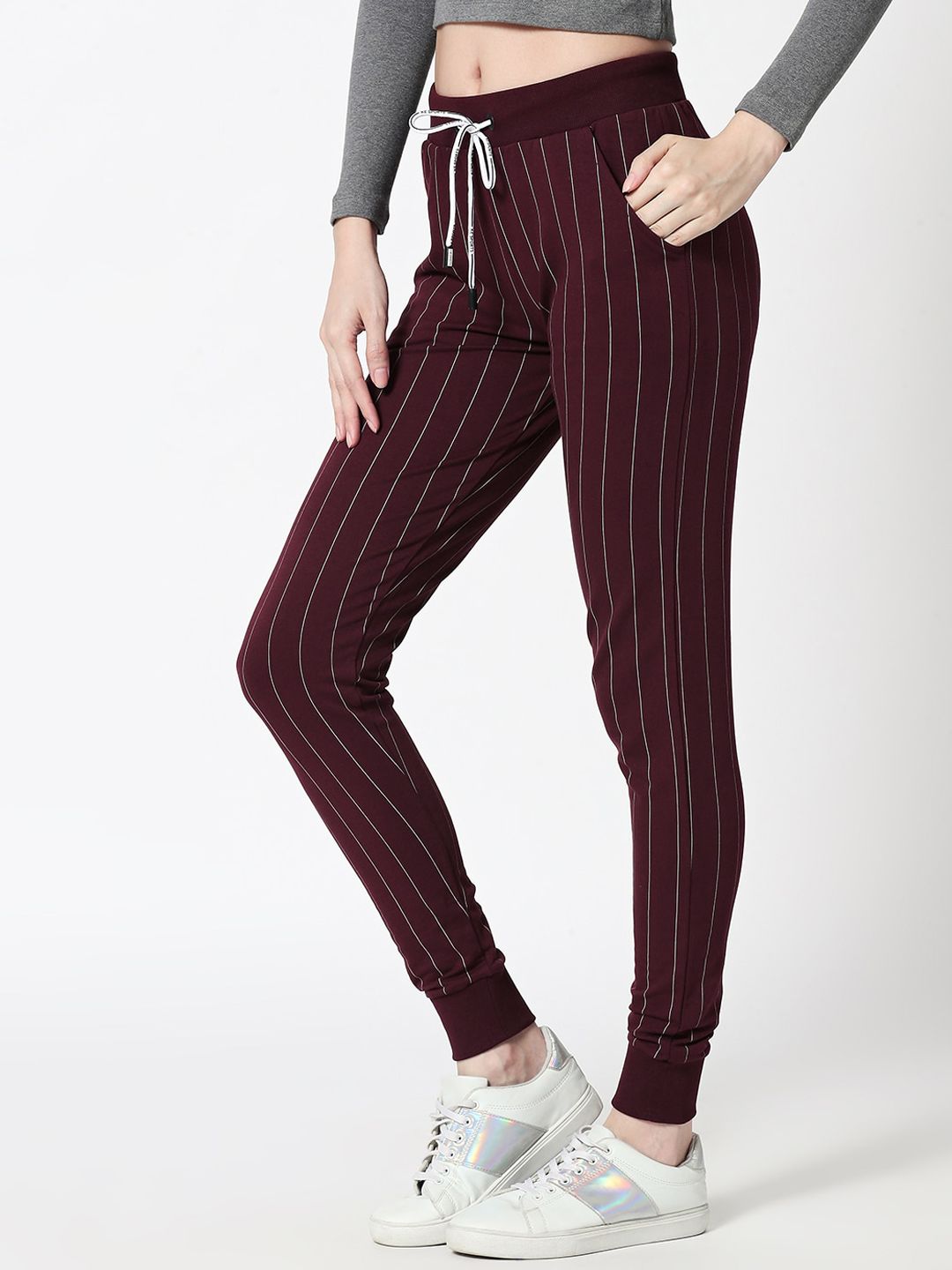 Zeyo Women Maroon & White Striped Slim-Fit Joggers Price in India