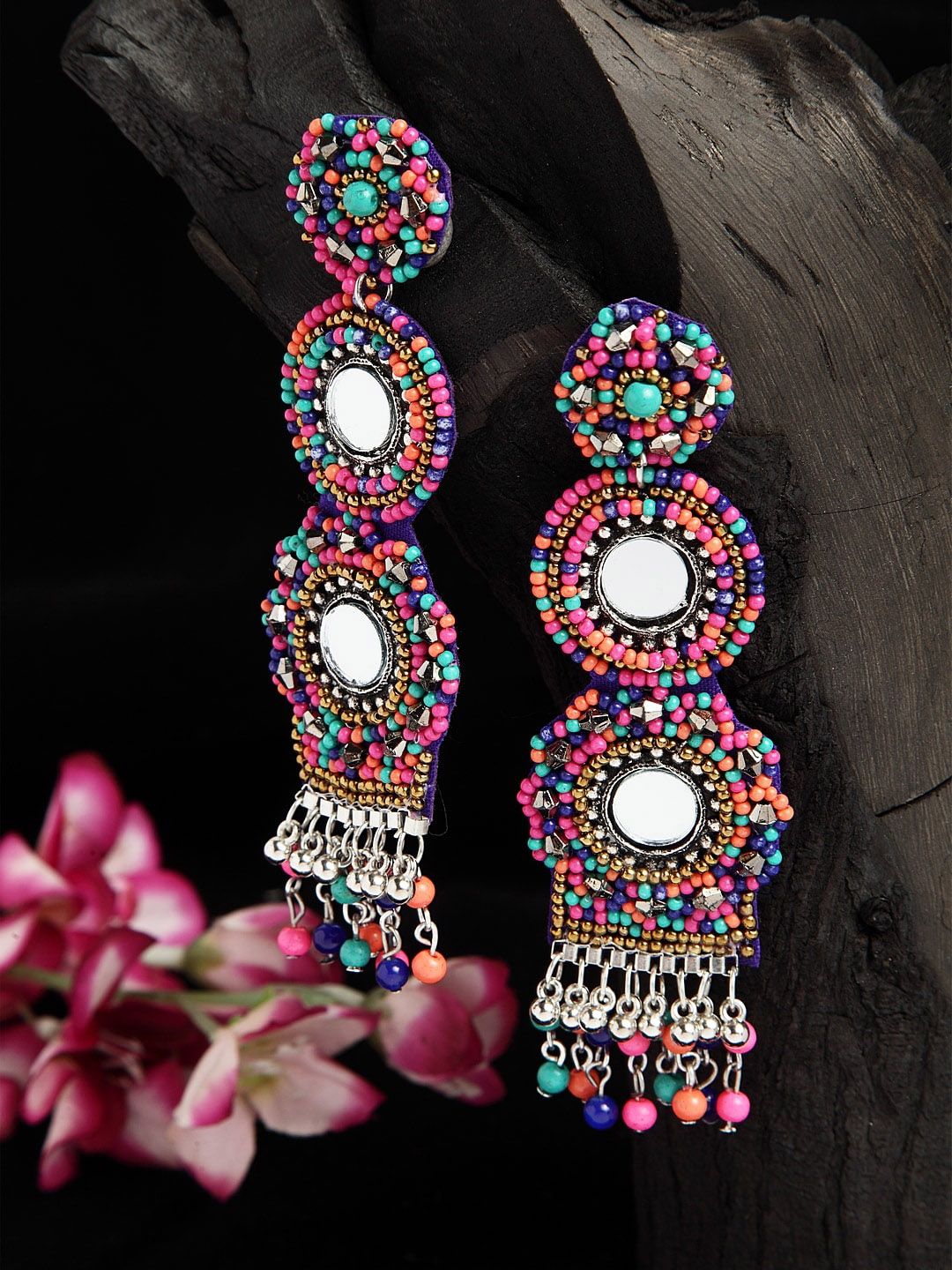 Moedbuille Mirror & Beads Studded Contemporary Design Oxidised Silver Plated Handcrafted Earrings Price in India
