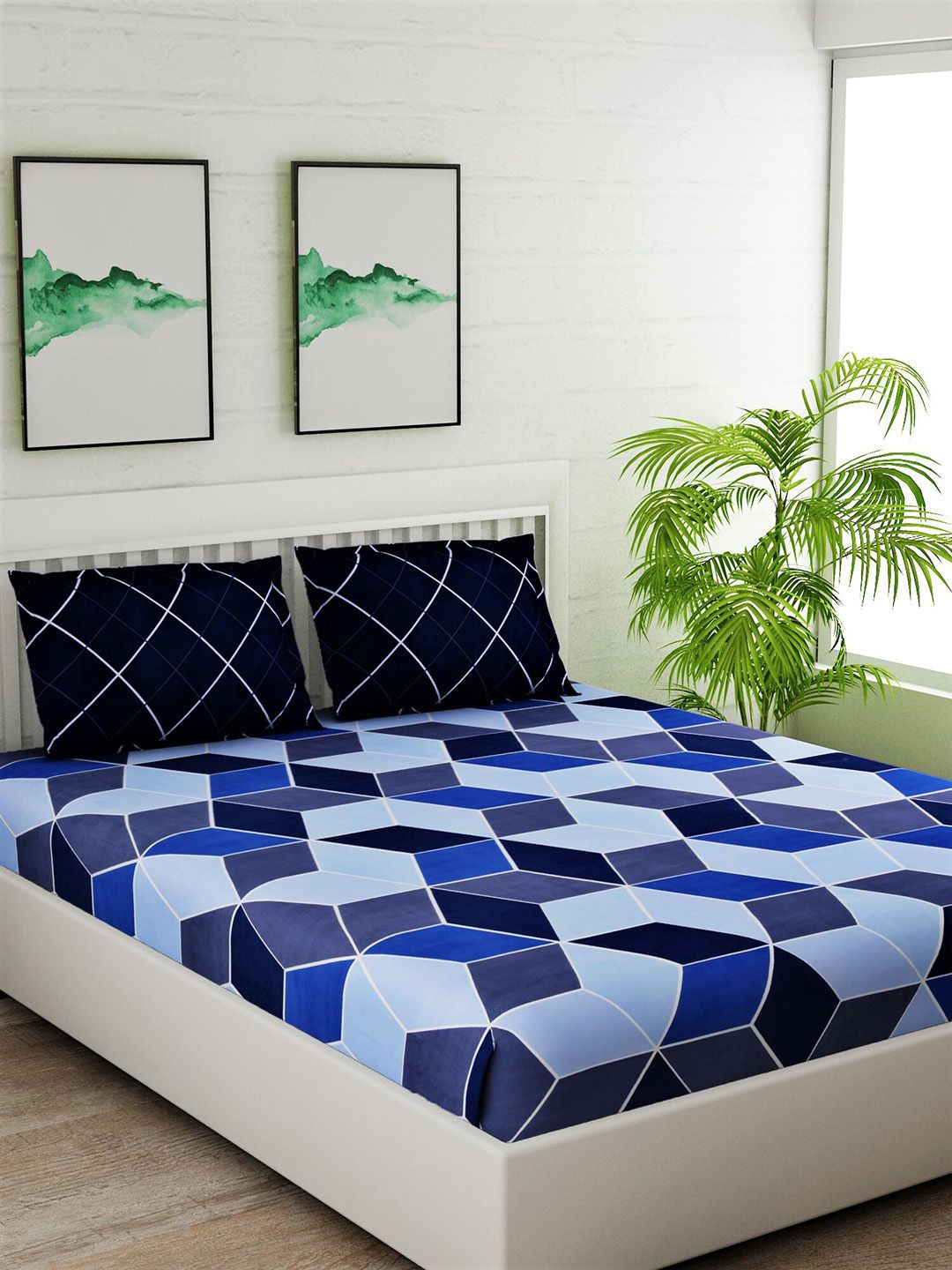 Salona Bichona Navy Blue Geometric 144 TC Polyester 1 Queen Bedsheet with 2 Pillow Covers Price in India