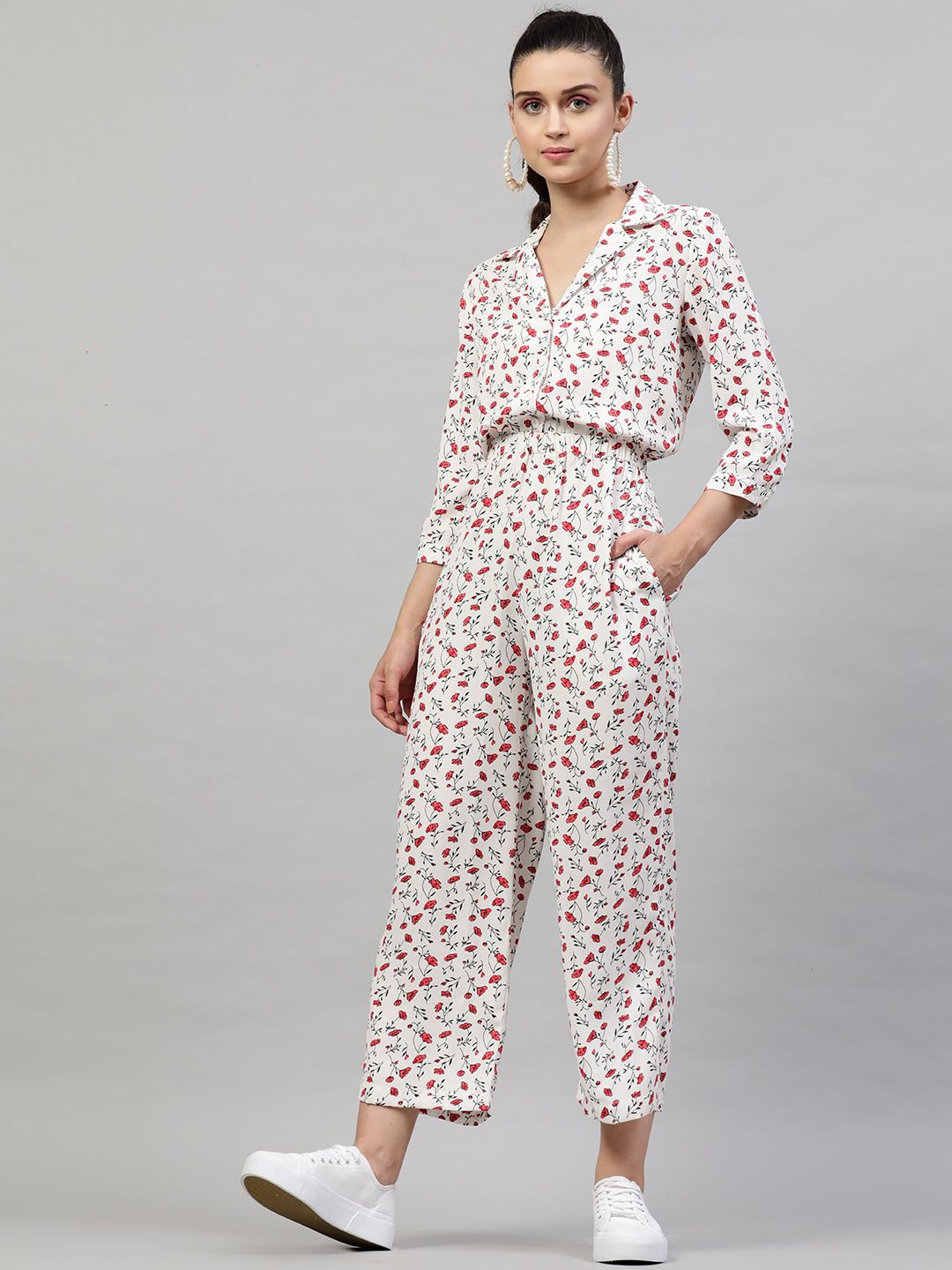 STREET 9 Women White & Red Printed Basic Jumpsuit Price in India