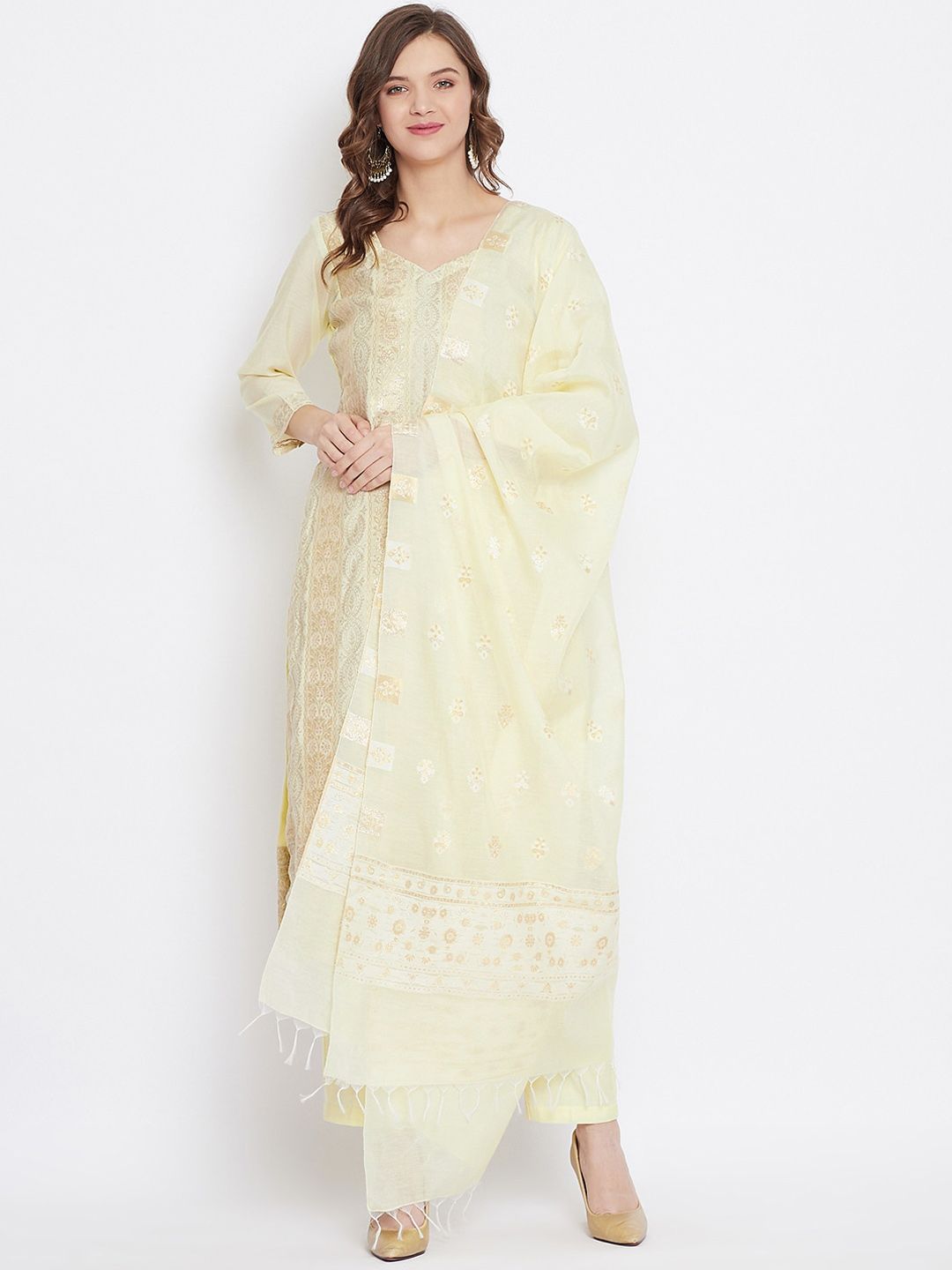 Safaa Cream-Coloured & Gold-Toned Cotton Blend Woven Design Unstitched Dress Material For Summer Price in India