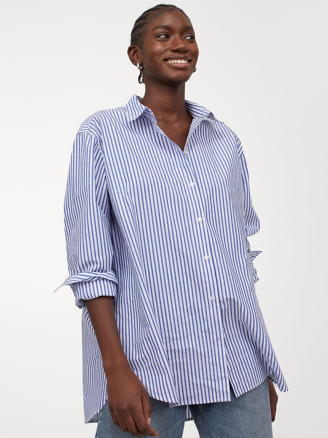 H&M Women Blue & White Striped Cotton Shirt