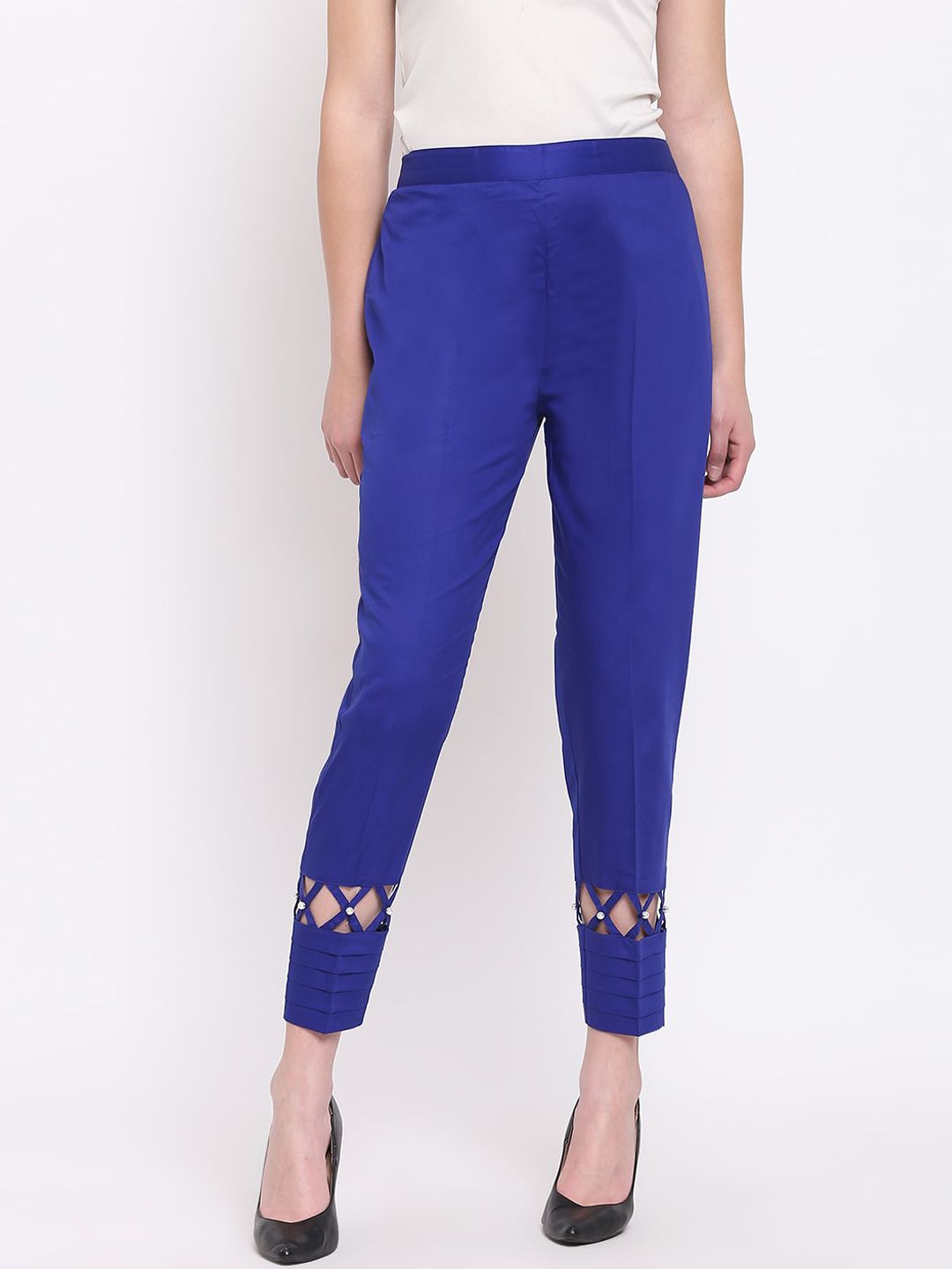 RIVI Women Blue Regular Fit Solid Regular Trousers Price in India