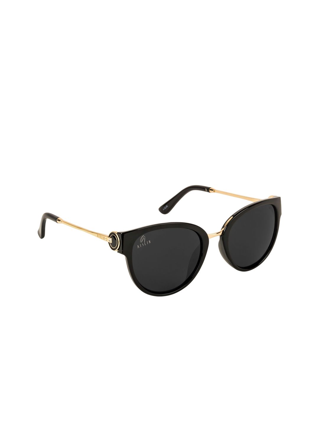 AISLIN Women Black Lens & Gold-toned Oval Sunglasses With Uv Protected Lens