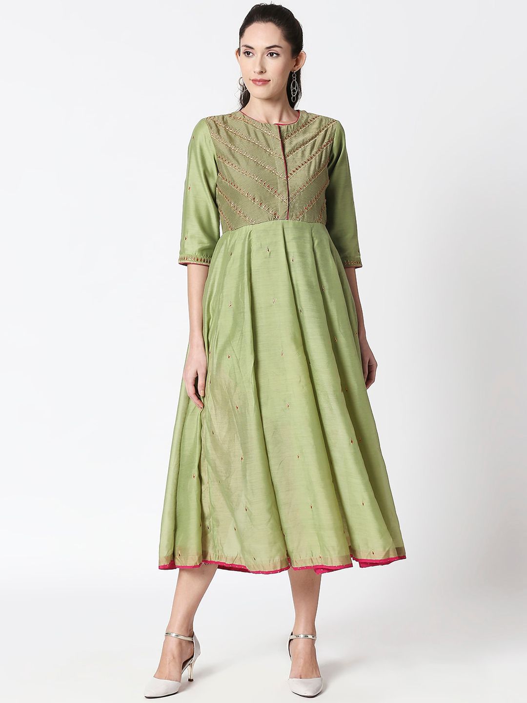 RANGMANCH BY PANTALOONS Women Green Self Design Fit and Flare Dress Price in India