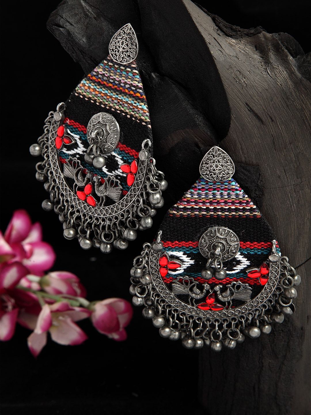Moedbuille Red Stone Studded Handwoven Tribal Design Oxidised Silver Plated Handcrafted Chandbalis Price in India