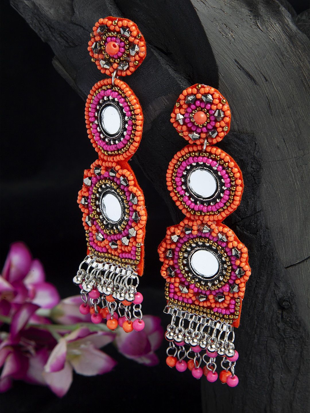 Moedbuille Mirror & Beads Studded Contemporary Design Oxidised Silver Plated Handcrafted Earrings Price in India