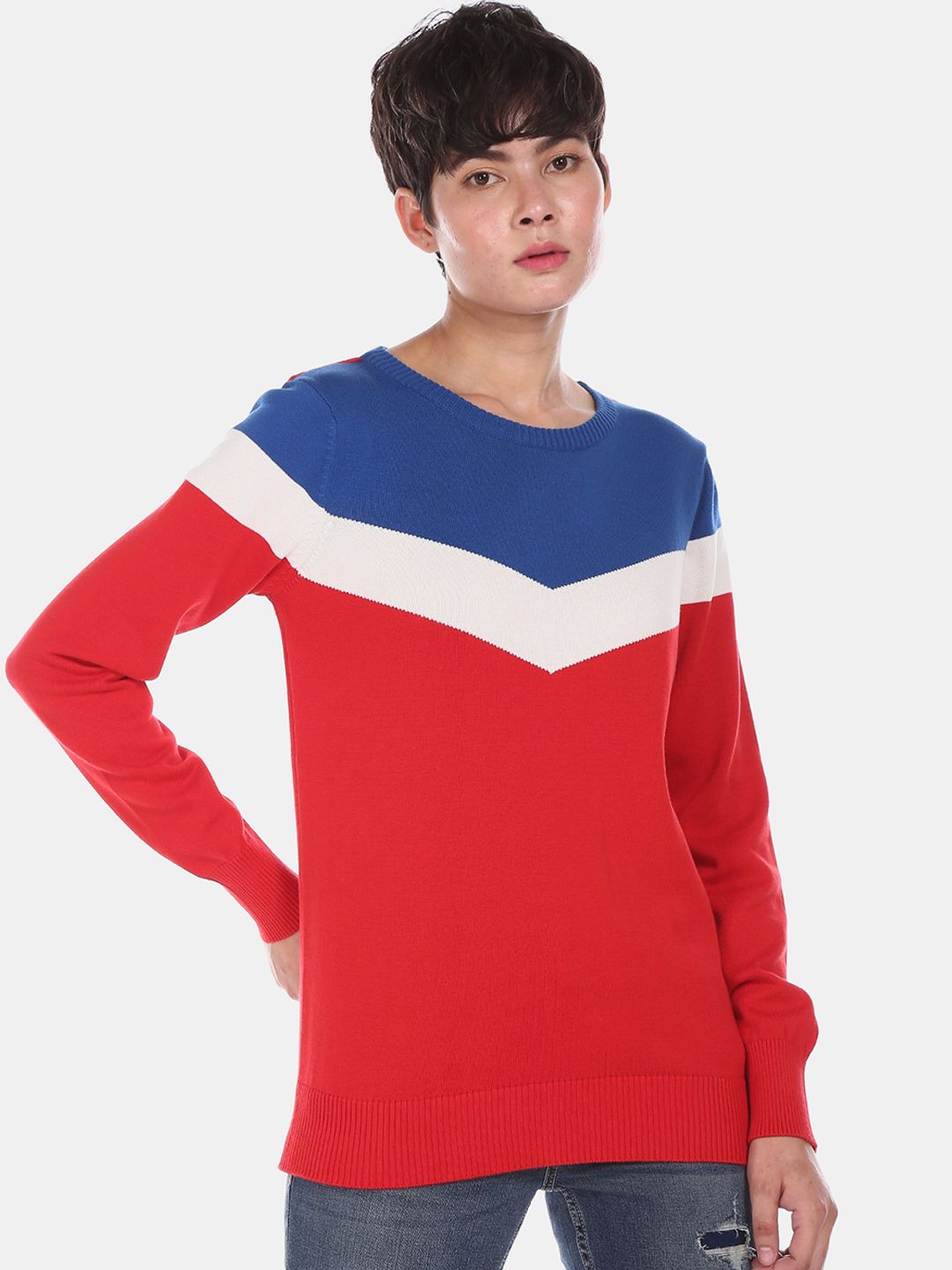 U.S. Polo Assn. Women Red & Blue Colourblocked Cotton Pullover Sweater Price in India