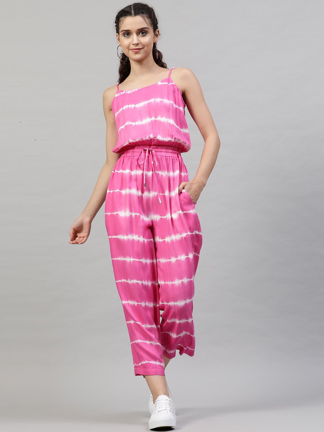 STREET 9 Women Pink & White Striped Basic Jumpsuit Price in India