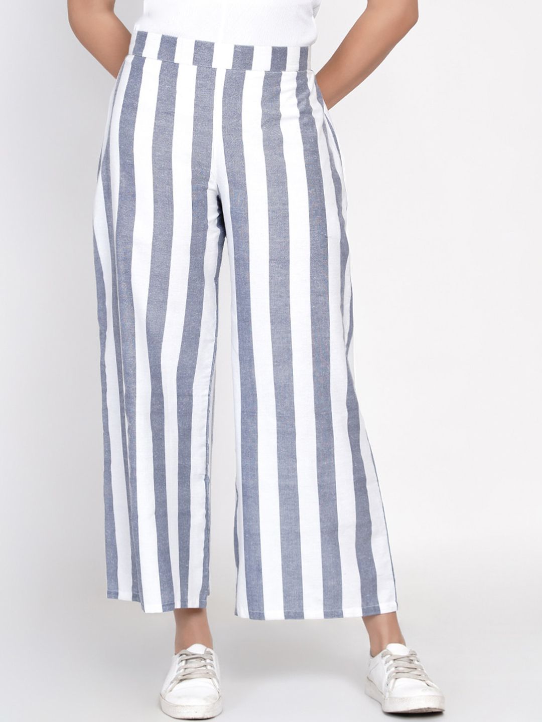 FABNEST Women Blue Loose Fit Striped Parallel Trousers Price in India