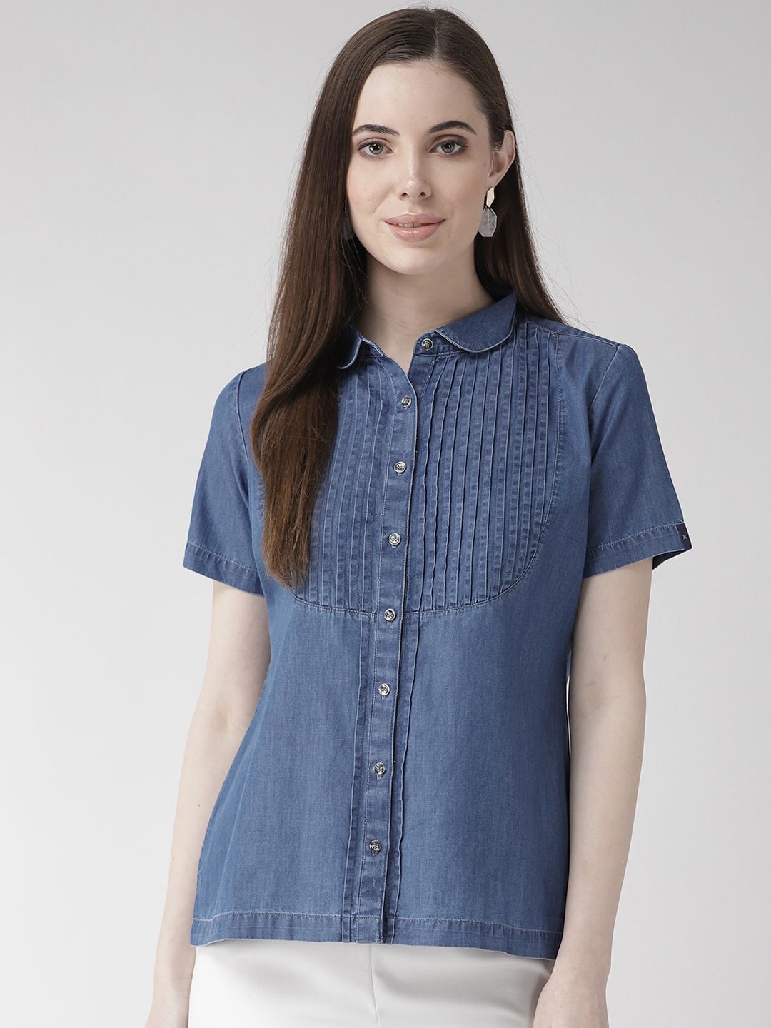 Xpose Women Blue Regular Fit Solid Denim Casual Shirt