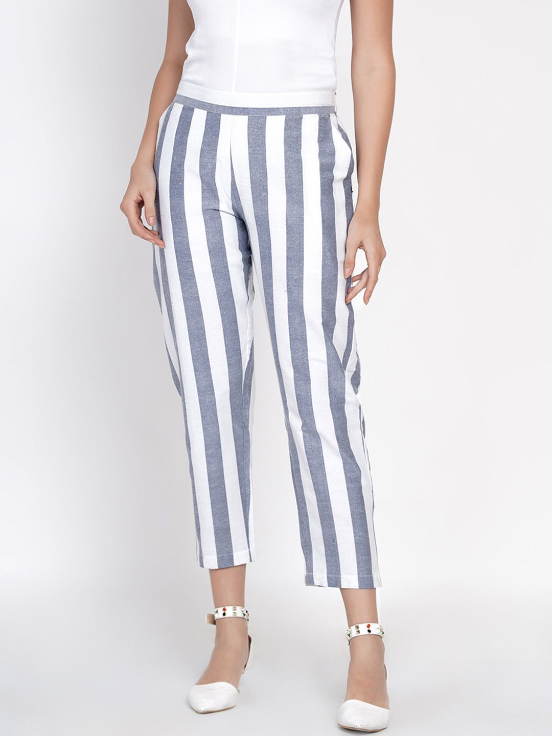 FABNEST Women Blue & White Tapered Fit Striped Peg Trousers Price in India