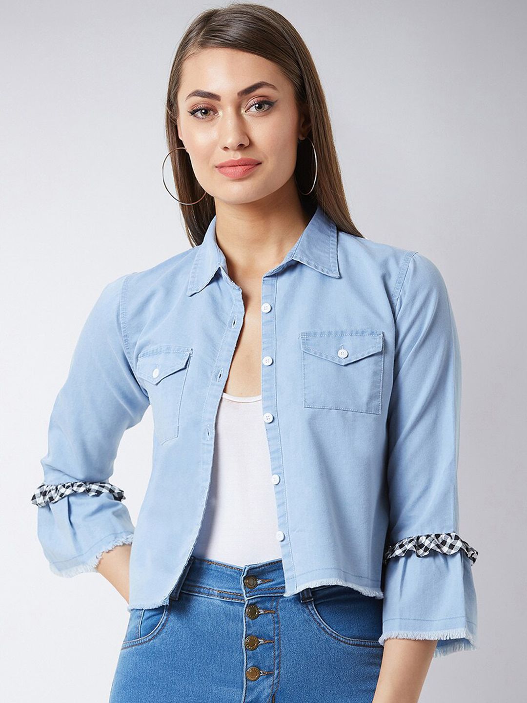 Miss Chase Women Blue Solid Denim Jacket Price in India