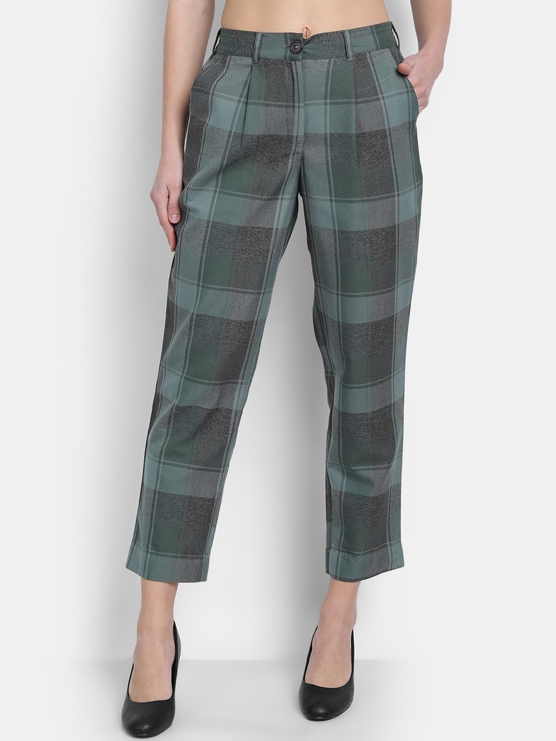 fabGLOBAL Women Green Straight Fit Checked Regular Trousers