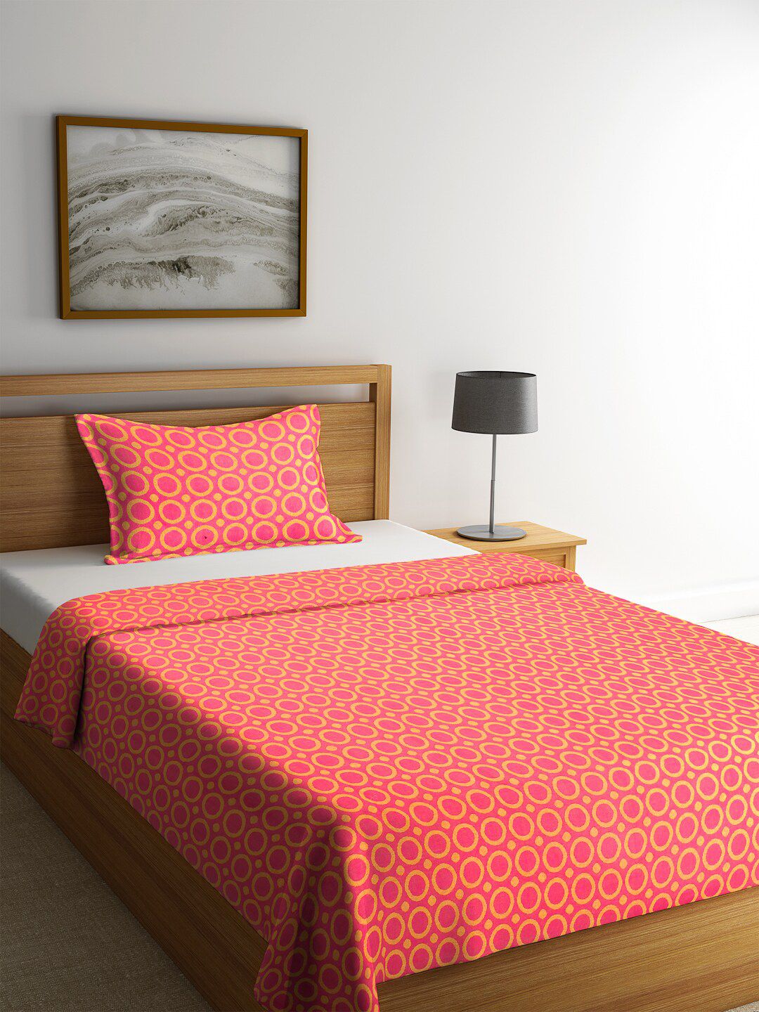 KLOTTHE Pink & Yellow Geometric Printed Single Bed Cover With 1 Pillow Cover Price in India