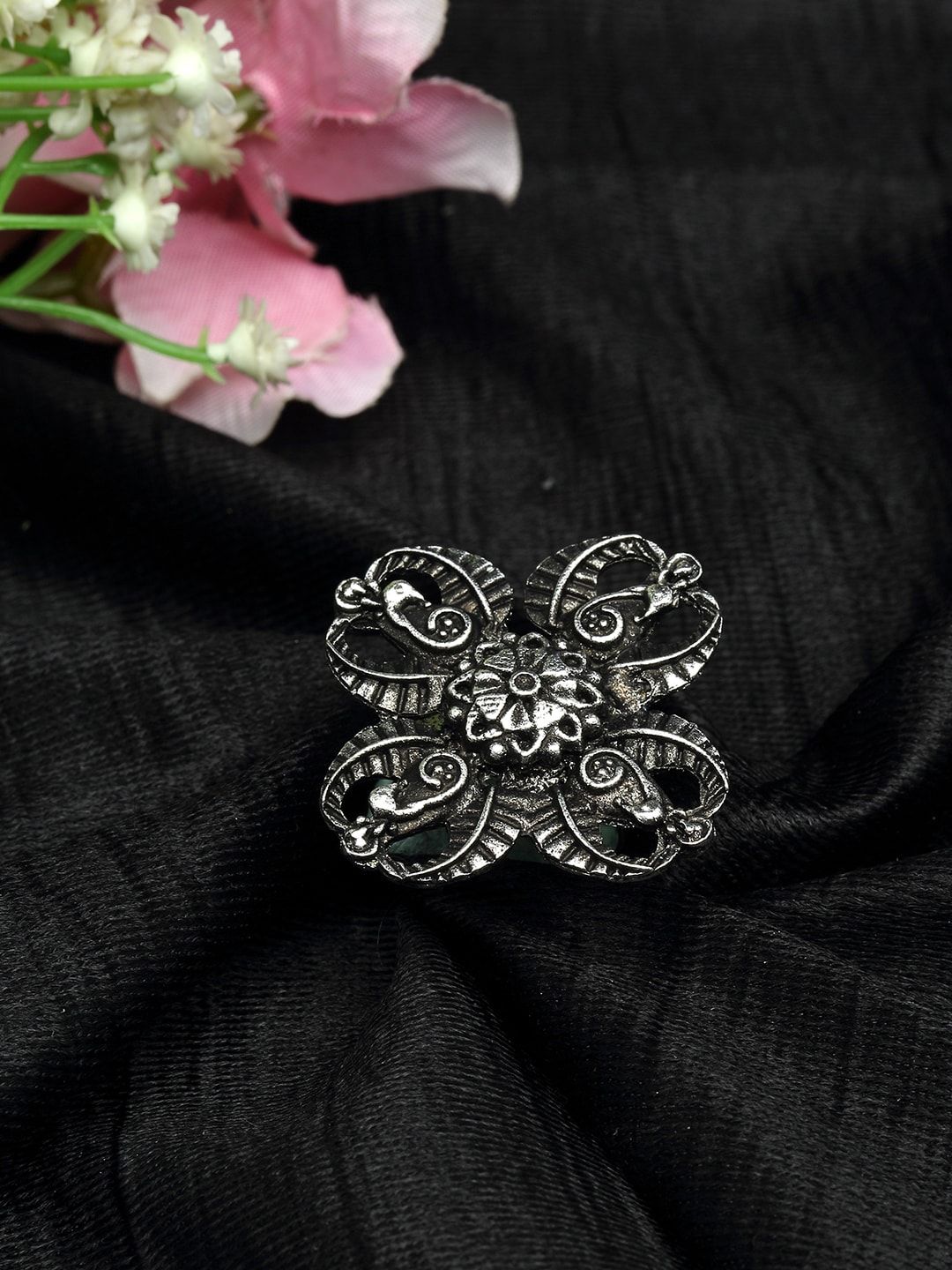 Moedbuille Filigree Design Oxidised Silver Plated Handcrafted Floral Finger Ring Price in India