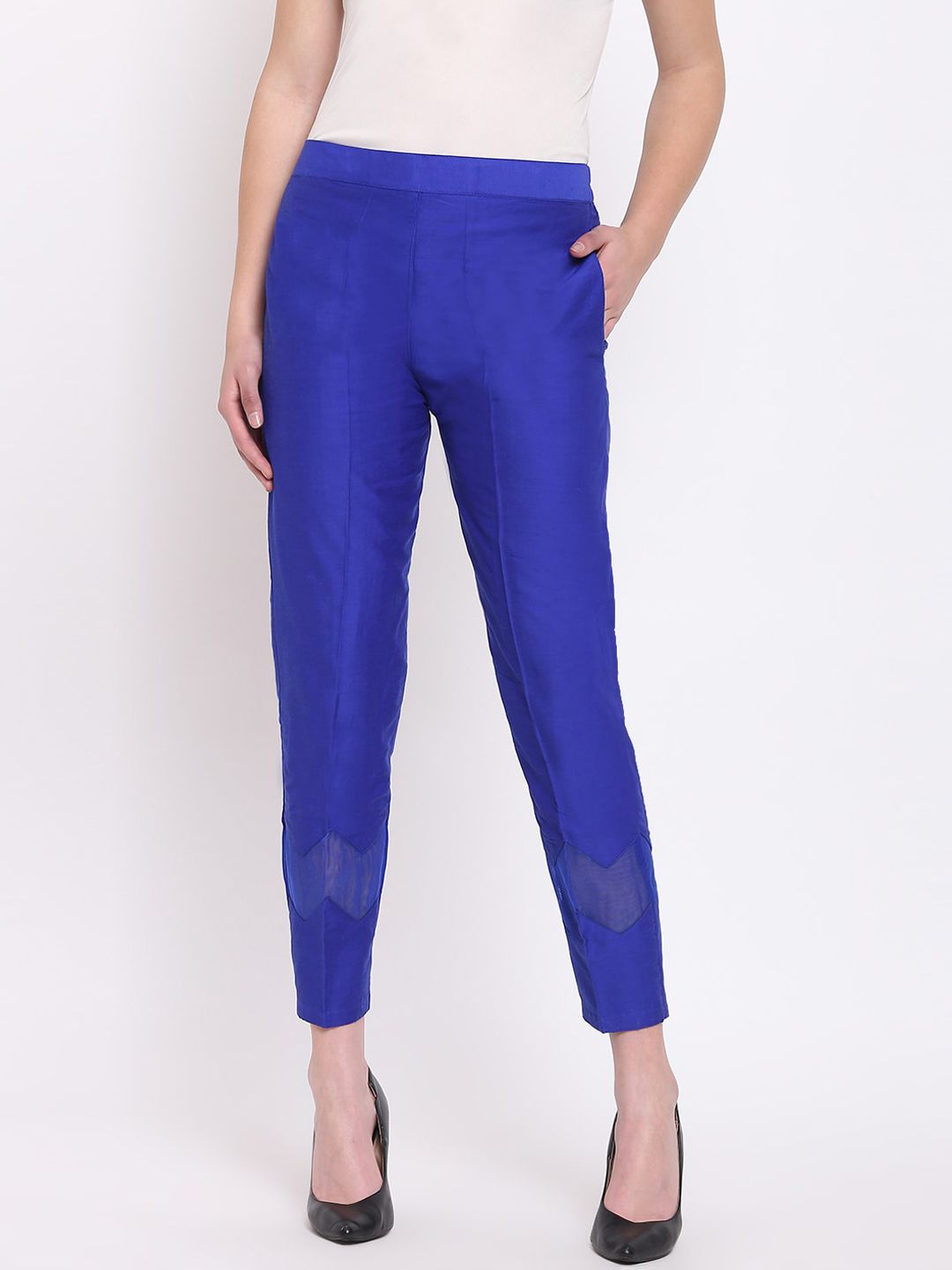 RIVI Women Blue Solid Regular Fit Cigarette Trousers Price in India