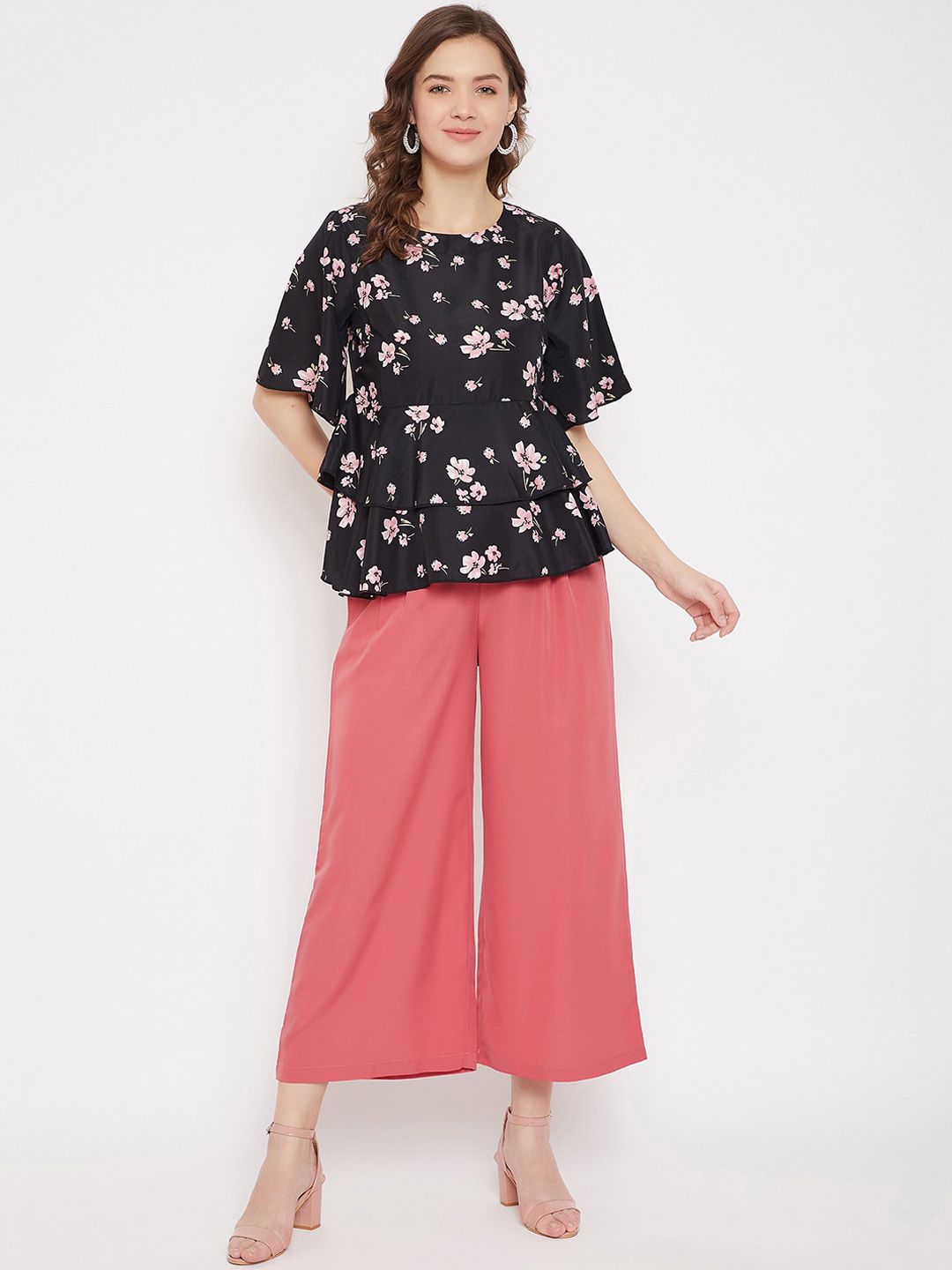 Bitterlime Women Black & Pink Printed Top with Palazzos