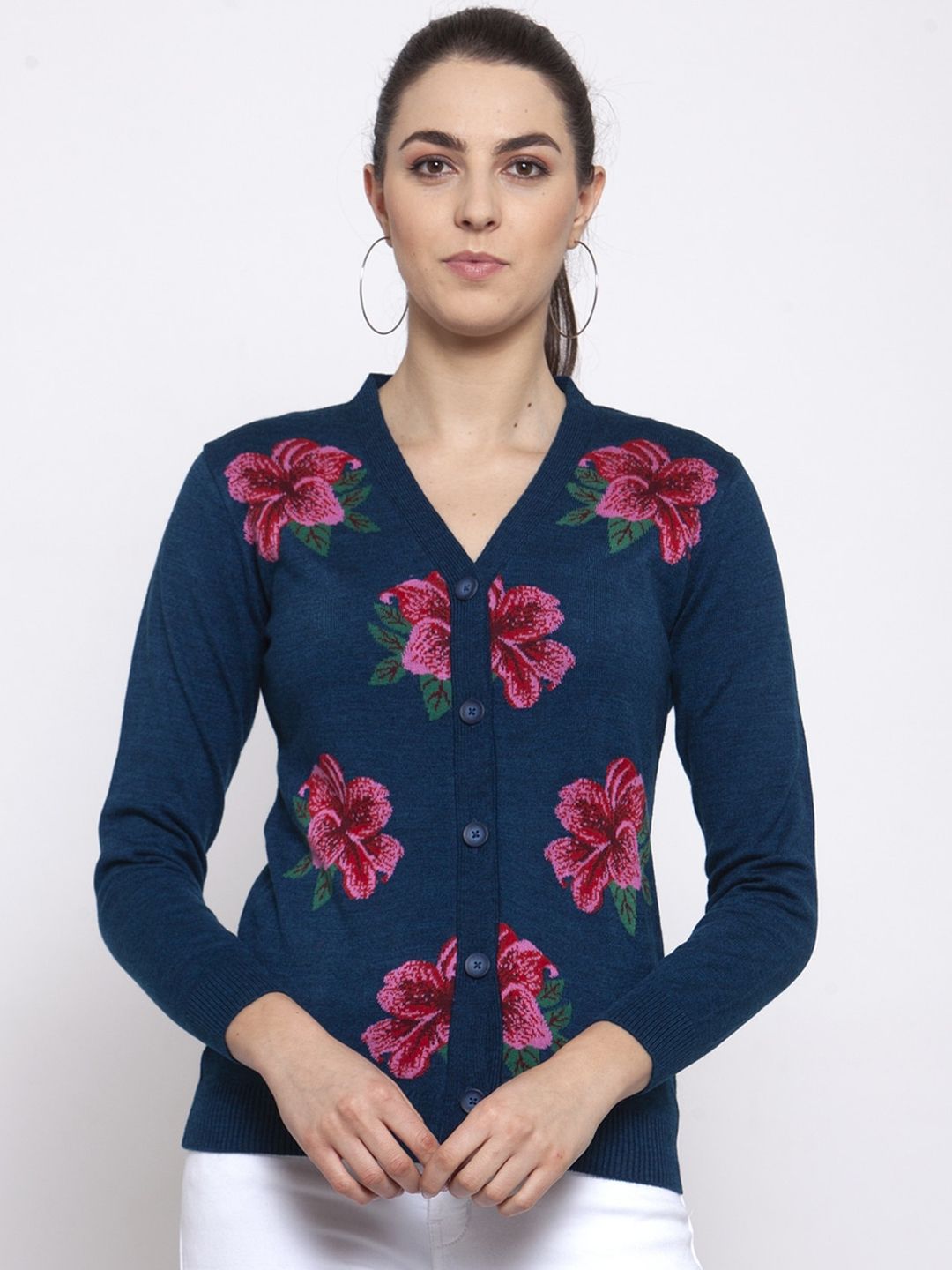 Kalt Women Teal Blue Printed Cardigan Sweater Price in India