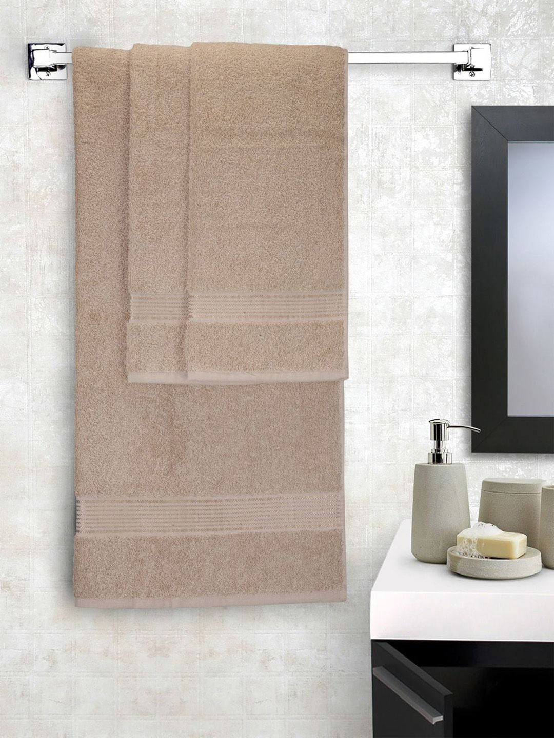 BIANCA Set Of 3 Beige Solid 380 GSM Super-Soft Cotton Bath Towels Price in India