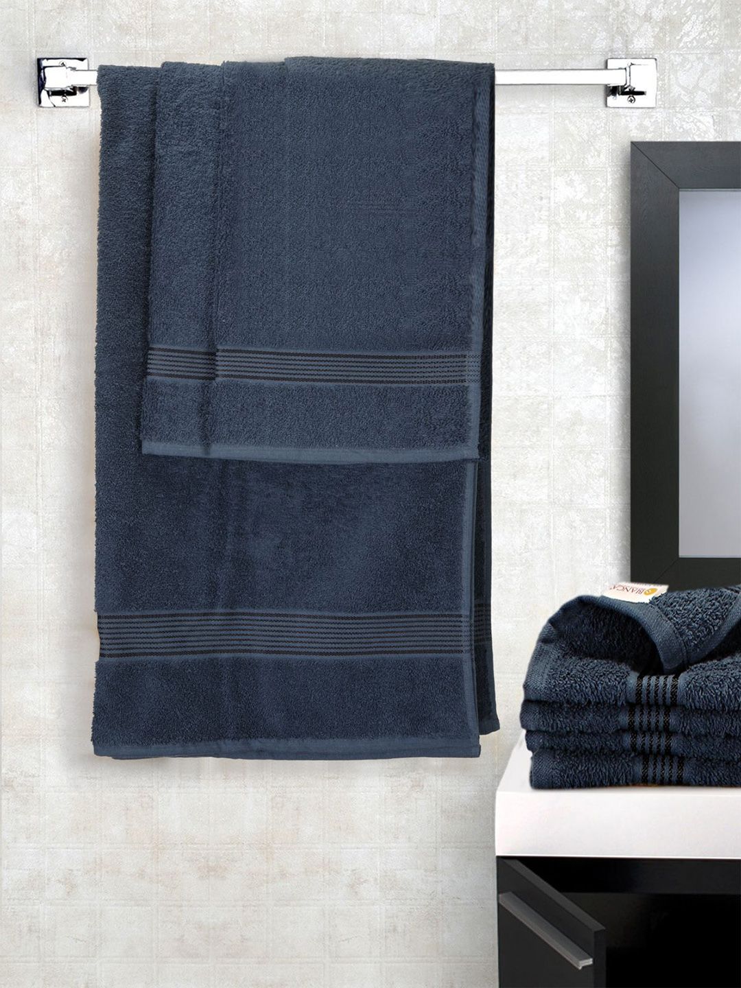BIANCA Set Of 7 Navy Blue Solid 380 GSM Towel Set Price in India