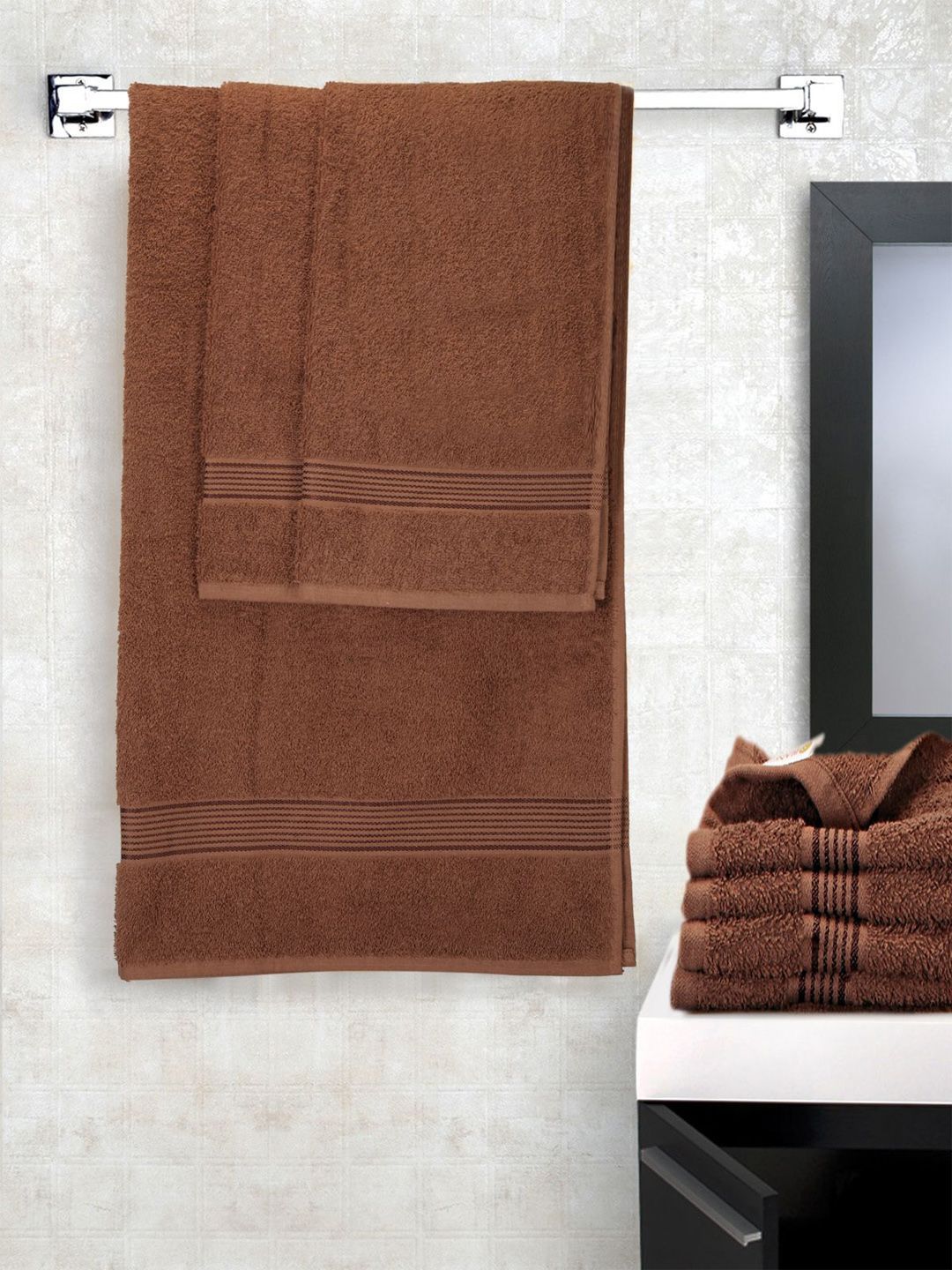 BIANCA Set of 7 Brown Solid 380 GSM Cotton Towel Set Price in India