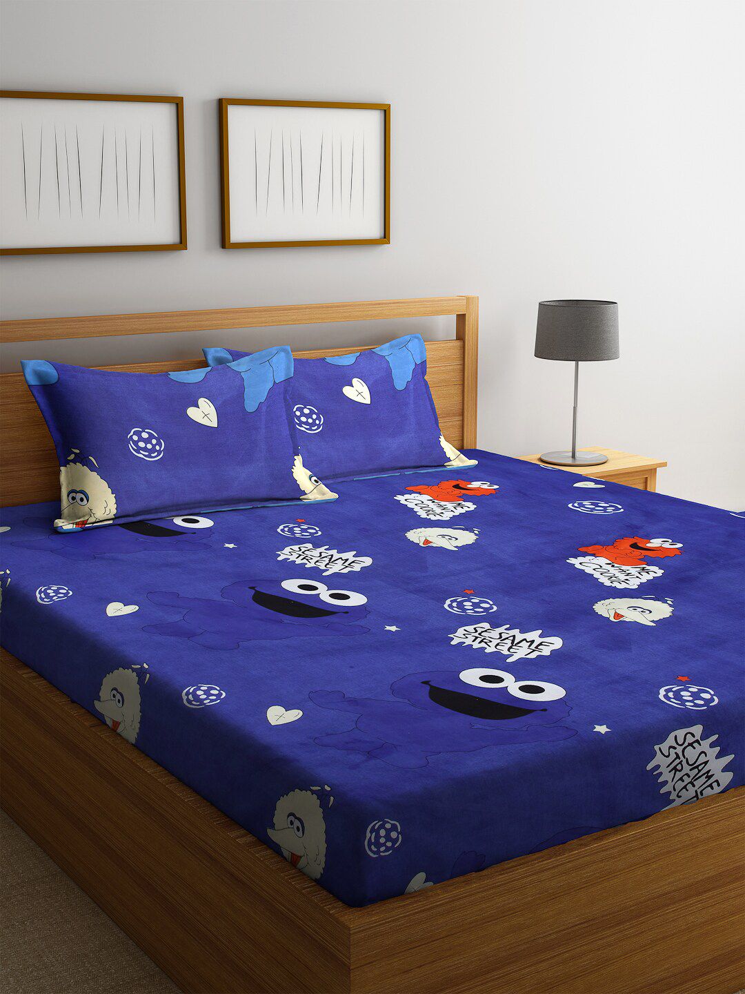 KLOTTHE Blue & White Cartoon Characters 210 TC Polycotton 1 King Bedsheet with 2 Pillow Covers Price in India