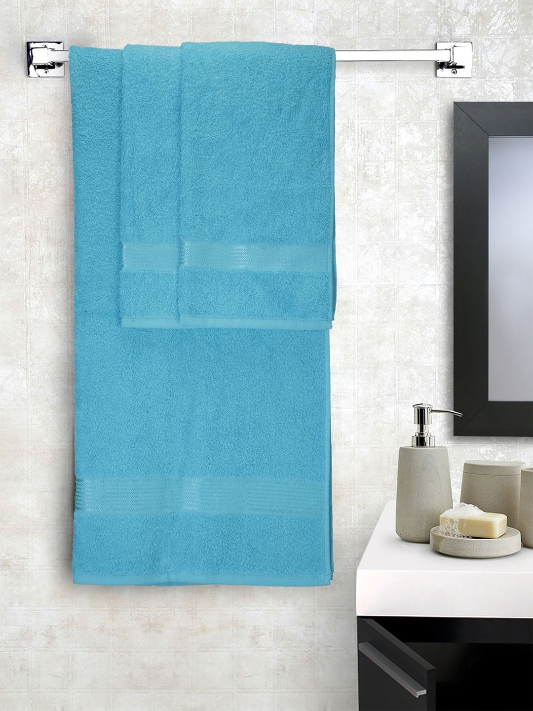 BIANCA Set of 3 Blue Solid Cotton 380 GSM Super-Soft Towel Set Price in India
