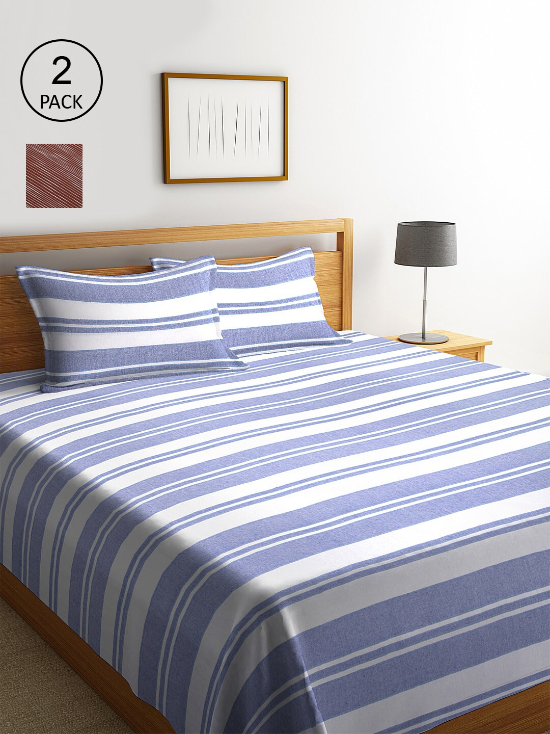 KLOTTHE Set Of 2 Striped Double Bed Covers With 4 Pillow Covers Price in India