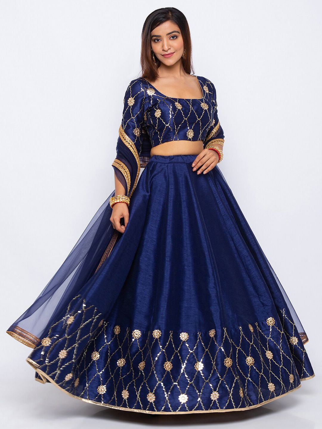 6Y COLLECTIVE Navy & Gold-Toned Semi-stitched Lehenga-unstitched blouse &stitched dupatta Price in India