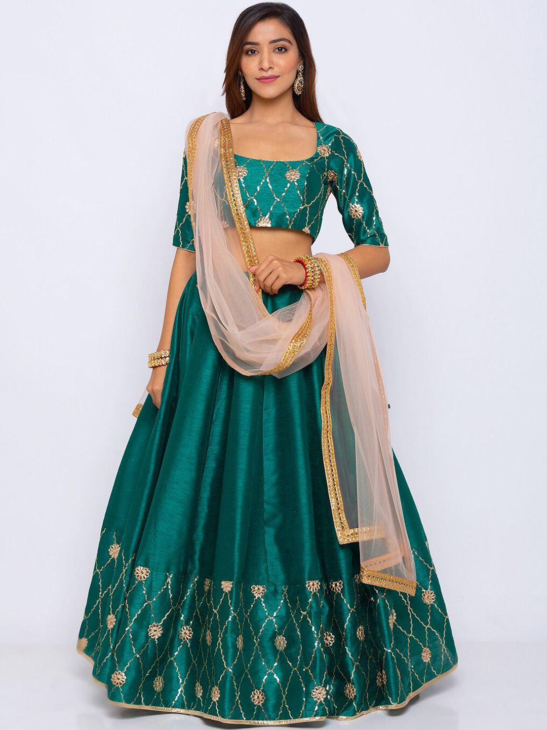 6Y COLLECTIVE Sea Green & Pink Semi-stitched Lehenga -unstitched blouse &stitched dupatta Price in India