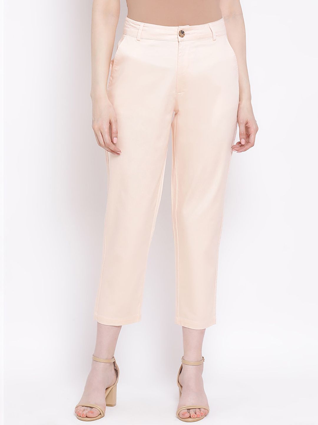 FOSH Women Peach-Coloured Regular Fit Solid Regular Trousers Price in India