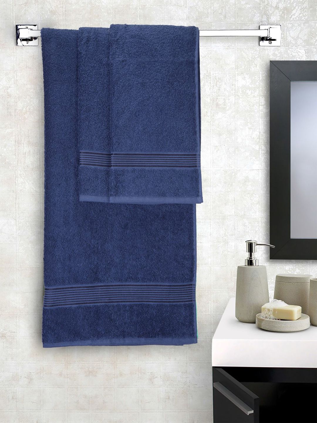BIANCA Set Of 3 Blue Solid 380 GSM Super-Soft bath Towels Price in India