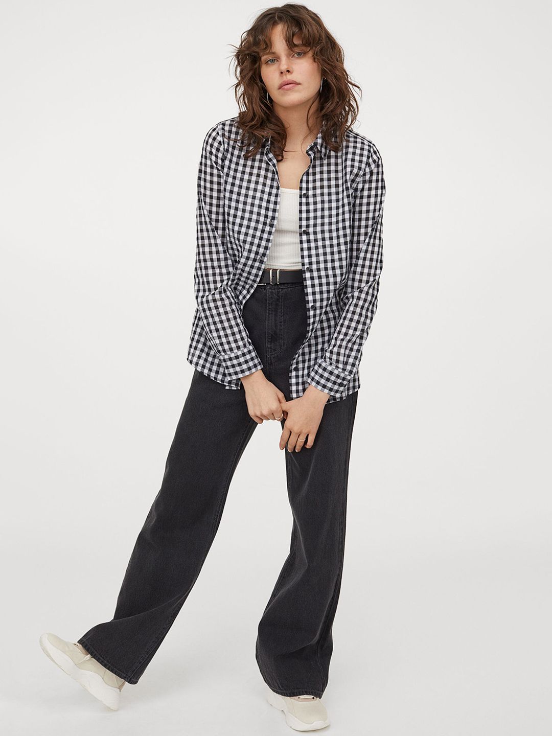 H&M Women Black & White Checked Cotton Shirt