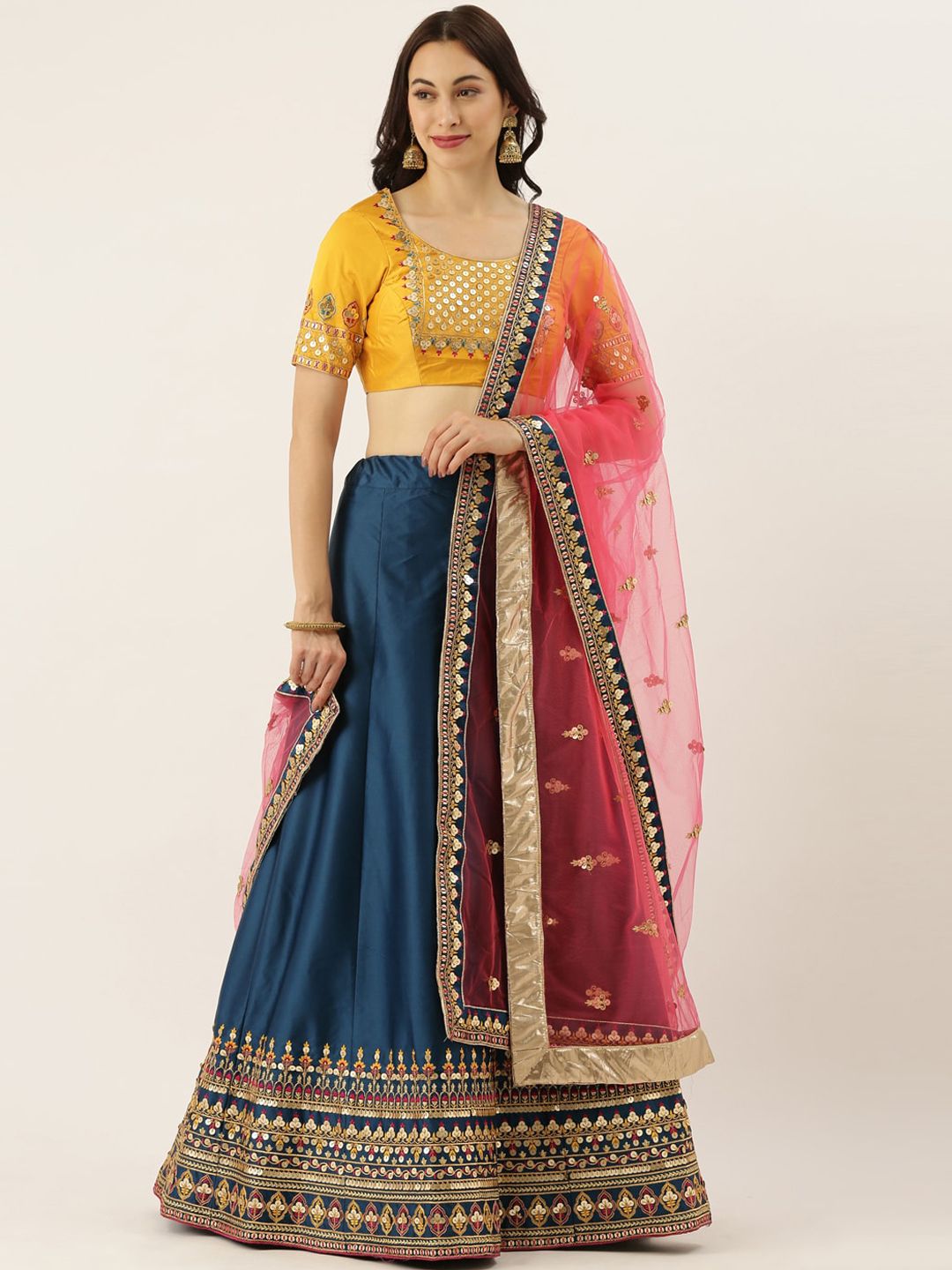panchhi Navy Blue & Yellow Embellished Semi-Stitched Lehenga & Unstitched Blouse with Dupatta Price in India