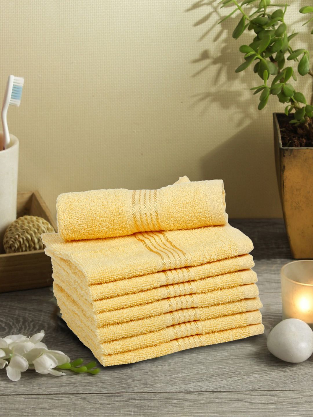 BIANCA Yellow Set Of 8 Solid Super Absorbent 380 GSM Cotton Face Towels Price in India