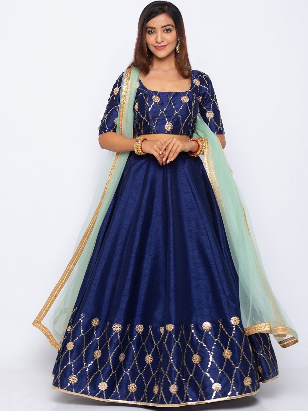 6Y COLLECTIVE Navy Blue & Gold-Toned Embellished Ready to Wear Lehenga & Unstitched Blouse with Dupatta