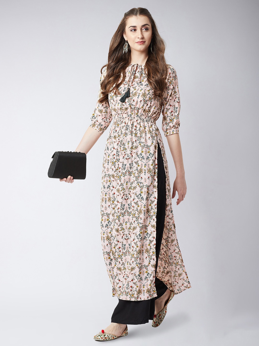 Miss Chase Pink Floral Printed Tie-up Neck Crepe Maxi Longline Top Price in India