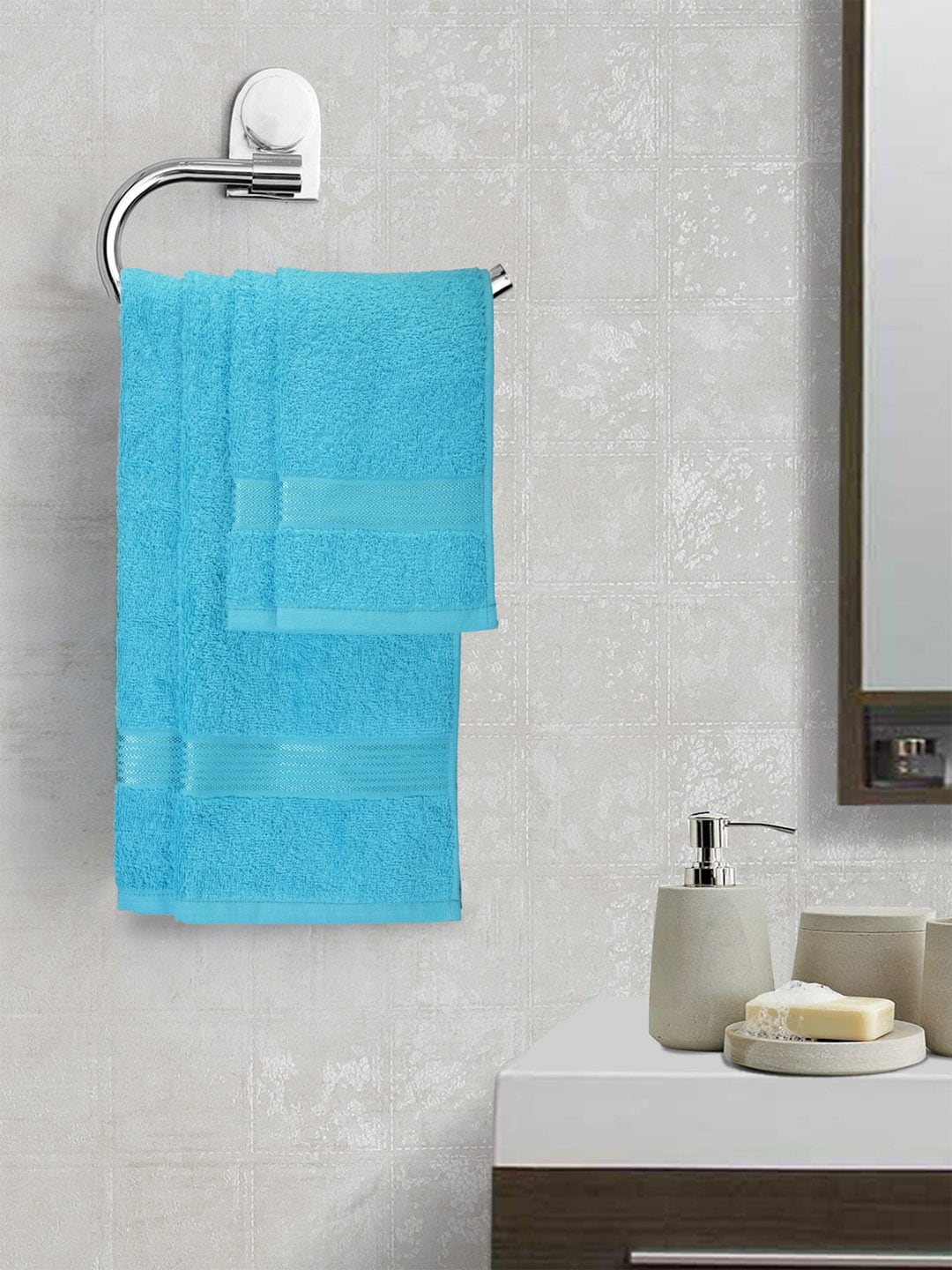 BIANCA Unisex Set Of 6 Turquoise-Blue Solid 380 GSM Towels Price in India