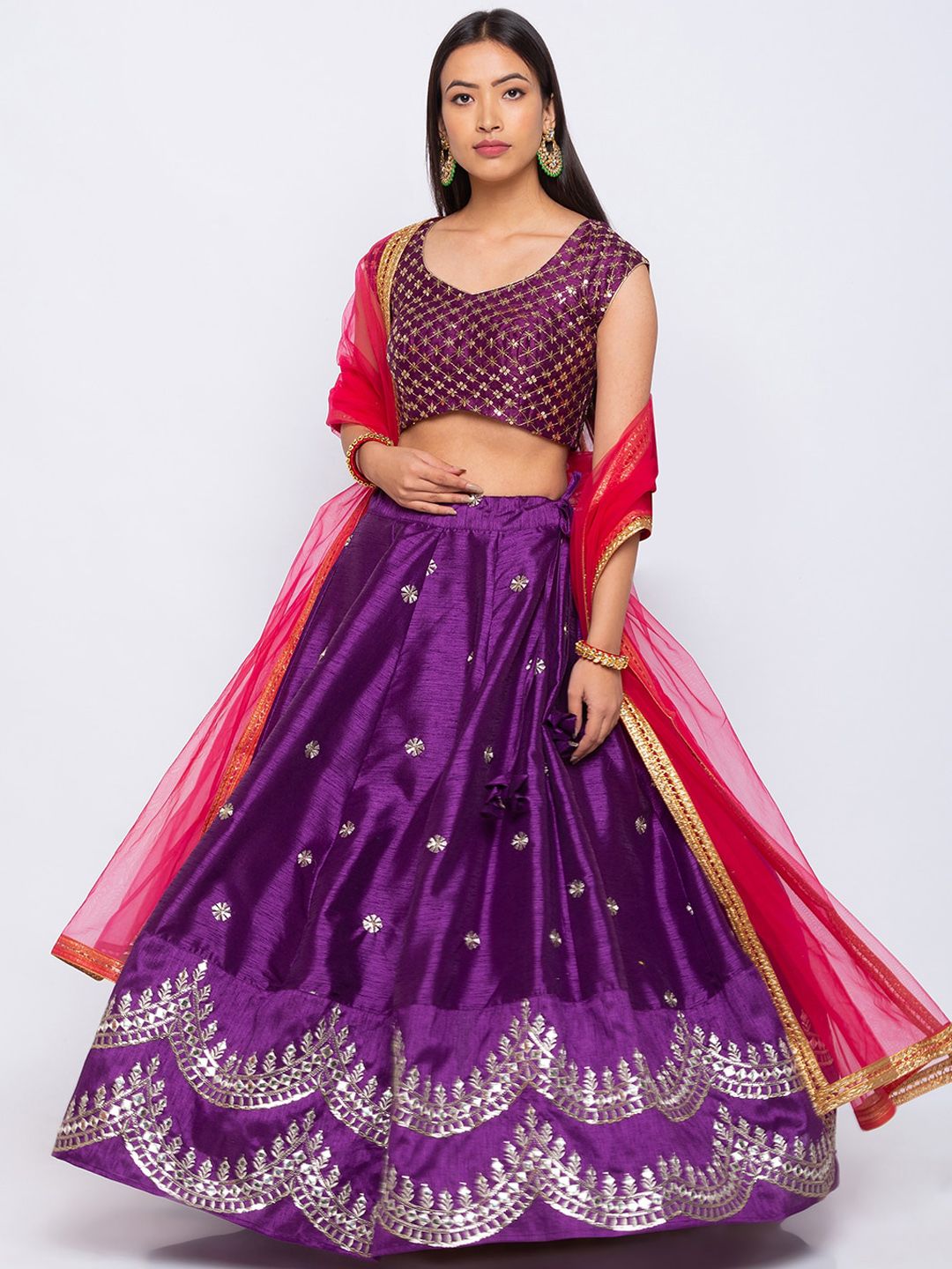 6Y COLLECTIVE Purple & Red Semi-stitched Lehenga -unstitched blouse-stitched dupatta Price in India
