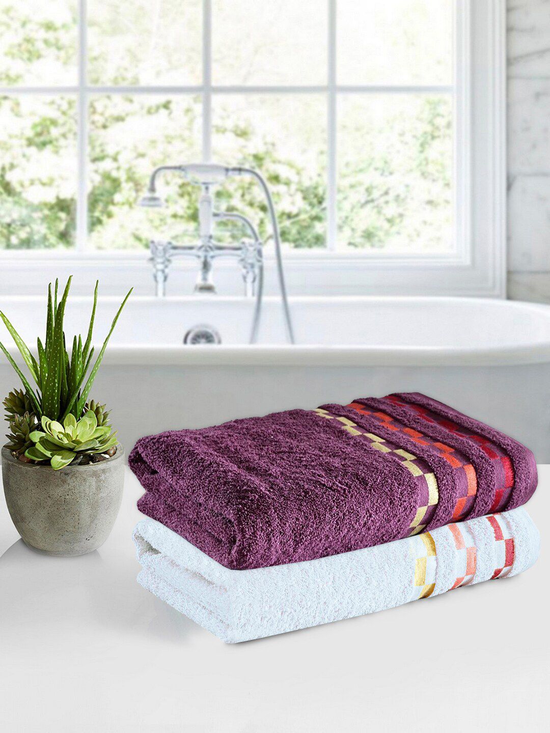 BIANCA Set of 4 Purple & White 450 GSM Bath Towels Price in India