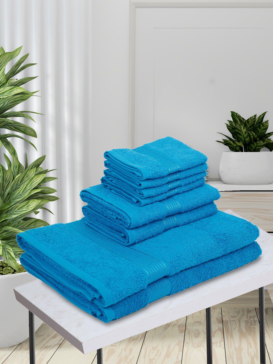 BIANCA Set Of 8 Blue Solid Cotton 380 GSM Super-Soft Towel Set Price in India