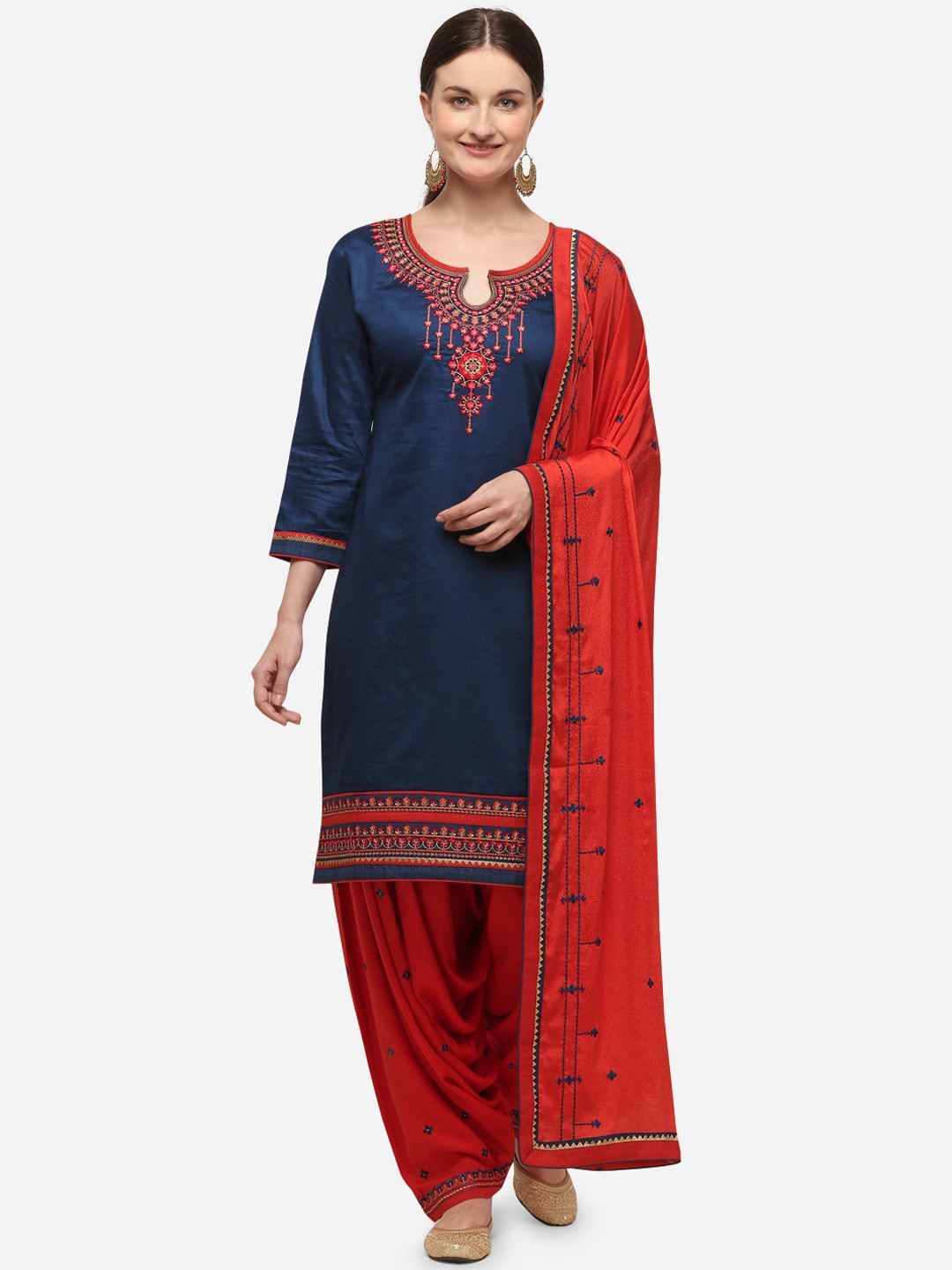 SheWill Navy Blue & Red Cotton Blend Unstitched Dress Material Price in India
