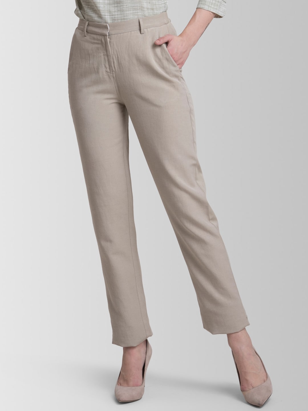FableStreet Women Beige Straight Fit Solid Regular Trousers Price in India